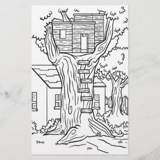 白黒ツリーハウスのカラーリングページ 便箋 (正面)