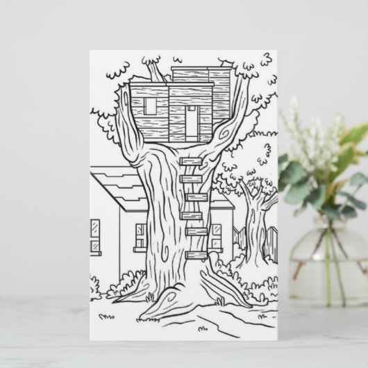 白黒ツリーハウスのカラーリングページ 便箋 (スタンド正面)