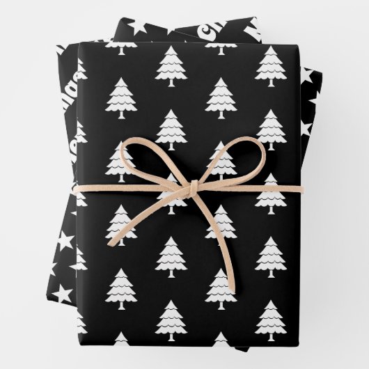 白黒ツリー、星メリークリスマスの休日 ラッピングペーパーシート (インサイチュ)