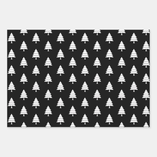 白黒ツリー、星メリークリスマスの休日 ラッピングペーパーシート (正面)
