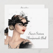 白黒ティアラマスクスウィート16マスカレードパーティー 招待状 (正面/裏面)