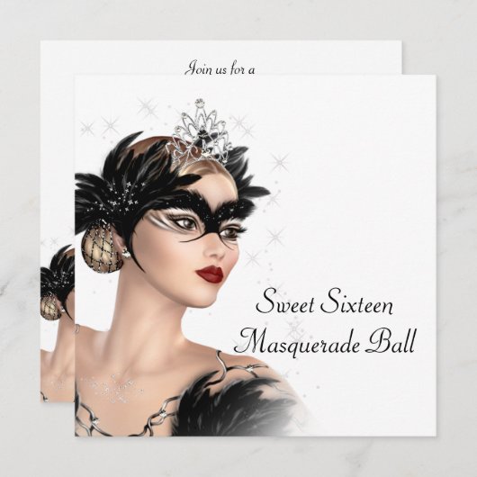白黒ティアラマスクスウィート16マスカレードパーティー 招待状 (正面/裏面)