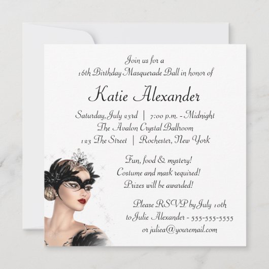 白黒ティアラマスクスウィート16マスカレードパーティー 招待状 (裏面)