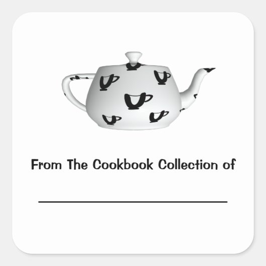 白黒ティーポットパーソナライズされた蔵書票 スクエアシール (正面)