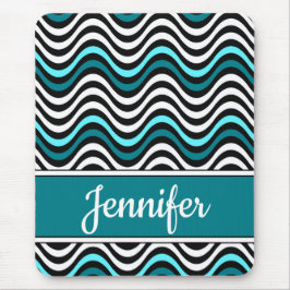 白黒ティール（緑がかった色）はっきりした波状ストライプ マウスパッド