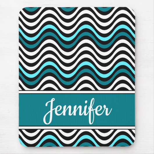 白黒ティール（緑がかった色）はっきりした波状ストライプ マウスパッド (正面)