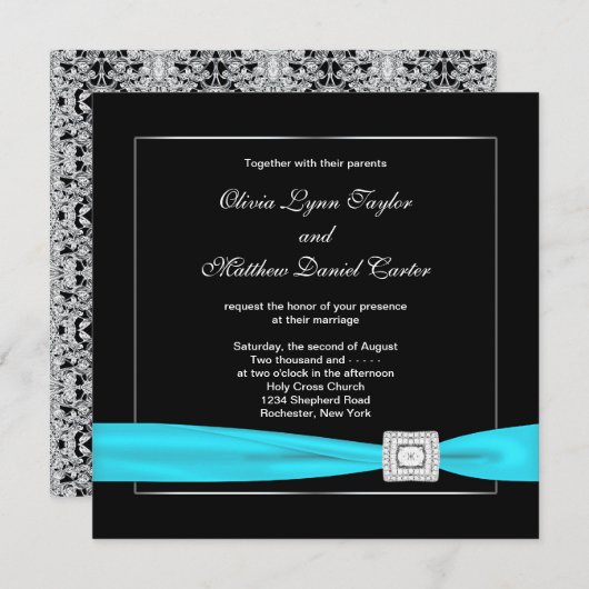白黒ティール（緑がかった色）シルベ結婚ス 招待状 (正面/裏面)
