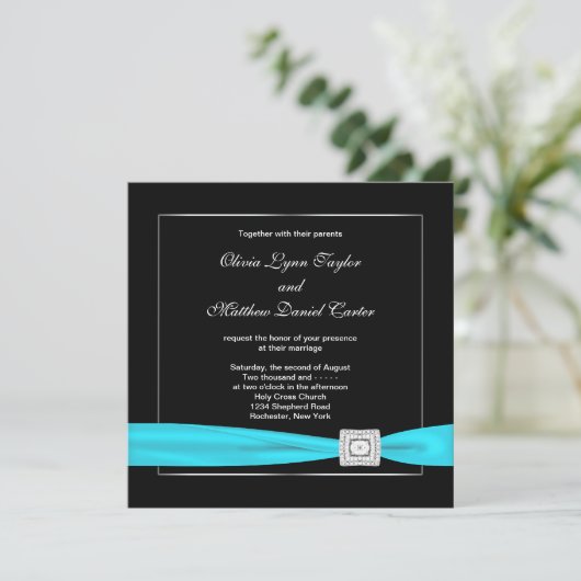 白黒ティール(緑がかった色)シルベ結婚ス 招待状 (スタンド正面)