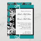 白黒ティール（緑がかった色）ハートダマスクウェディング招待状 招待状 (正面/裏面)