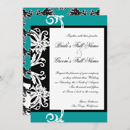 白黒ティール（緑がかった色）ハートダマスクウェディング招待状 招待状 (正面/裏面)