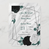 白黒ティール(緑がかった色)フローラ銀幾何大理石 セーブザデート (正面/裏面)