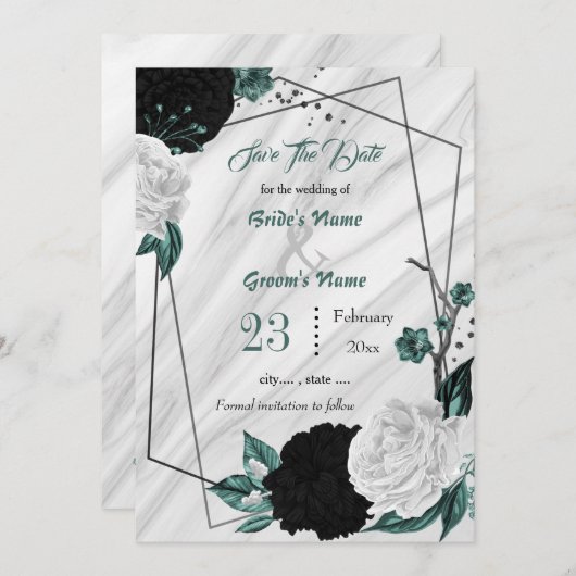 白黒ティール(緑がかった色)フローラ銀幾何大理石 セーブザデート (正面/裏面)