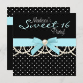 白黒ティール（緑がかった色）ブルースウィート16バースデーパーティー 招待状 (正面/裏面)