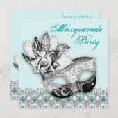 白黒ティール(緑がかった色)ブルーマスカレードパーティの招待状 招待状 (正面/裏面)