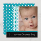 白黒ティール(緑がかった色)ベビーガールフォト《キリスト教》洗礼式や命名式 招待状 (正面/裏面)