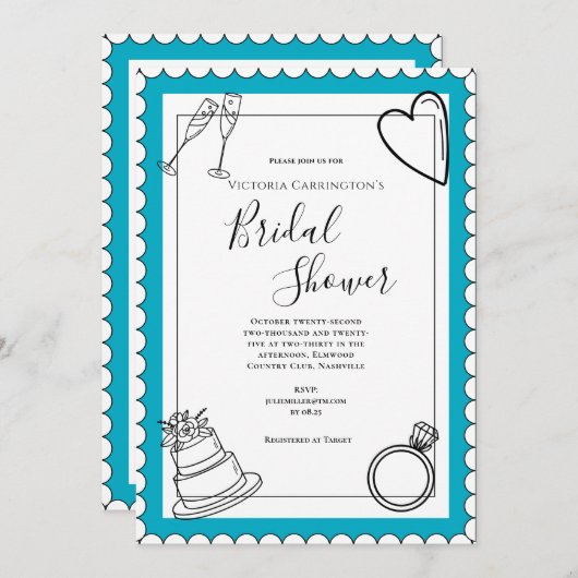 白黒ティール(緑がかった色)モダンブライダルシャワー 招待状 (正面/裏面)