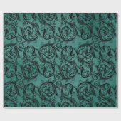 白黒ティール（緑がかった色）ヴィンテージ装飾模様 ラッピングペーパー (フラット)