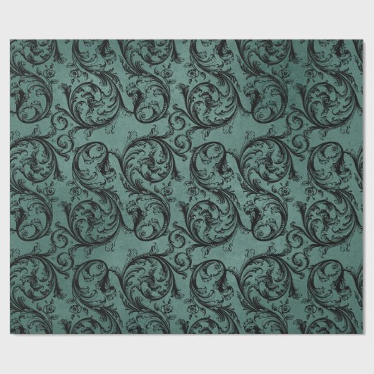 白黒ティール（緑がかった色）ヴィンテージ装飾模様 ラッピングペーパー (フラット)