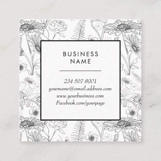 白黒デイジーフローラバラ植物 スクエア名刺 (裏面)