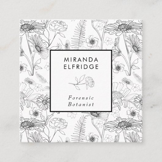 白黒デイジーフローラバラ植物 スクエア名刺 (正面)