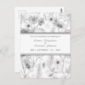 白黒デイジー花結婚式招待状 ポストカード (正面/裏面)