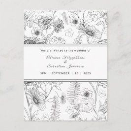 白黒デイジー花結婚式招待状 ポストカード