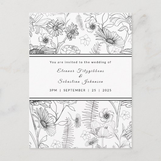 白黒デイジー花結婚式招待状 ポストカード (正面)