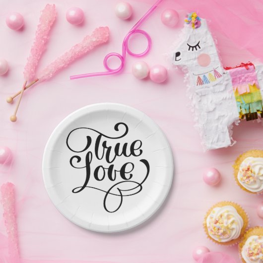 白黒トゥルーラブタイポグラフィ結婚披露宴 ペーパープレート (パーティー)