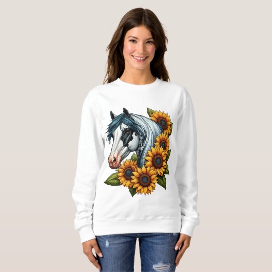 白黒トベロ絵を描ウマとヒマワリ スウェットシャツ (正面フル)