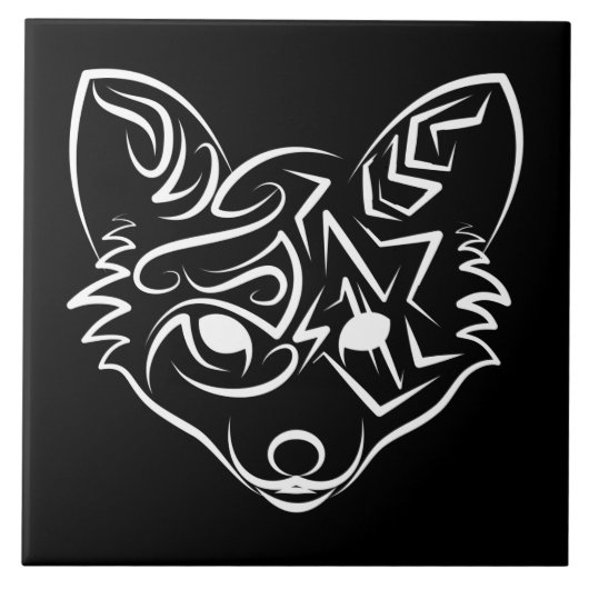 白黒トライバルキツネ タイル (正面)
