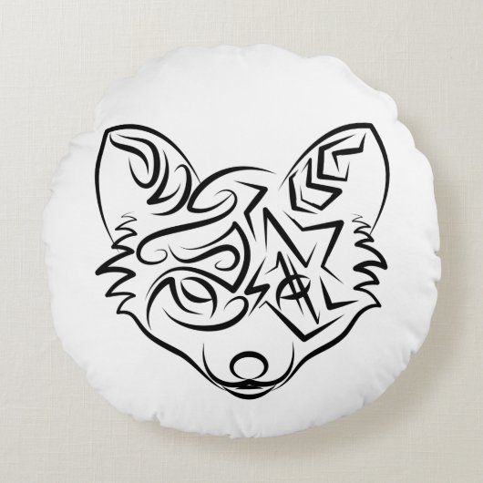 白黒トライバルキツネ ラウンドクッション (正面)