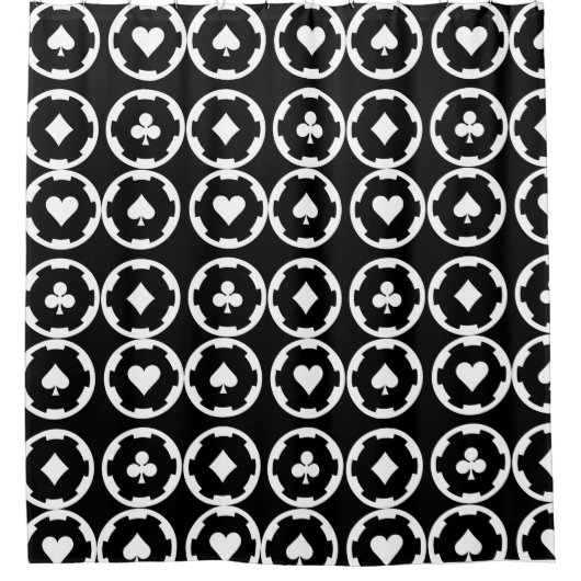 白黒トランプのポーカーチップのパターンスペードが交差 シャワーカーテン (正面)