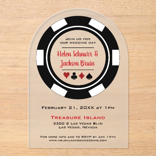 白黒トランプのポーカーチップカジノ結婚ズ アクリル招待状 (正面)