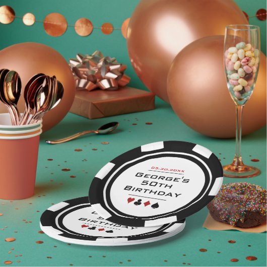 白黒トランプのポーカーチップラスベガスカジノ誕生日 ペーパープレート (複数)