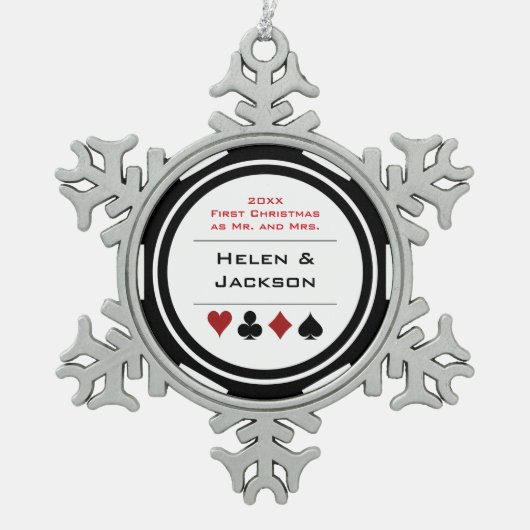 白黒トランプのポーカーチップ初めてのクリスマスミスター&ミセス スノーフレークピューターオーナメント (正面)