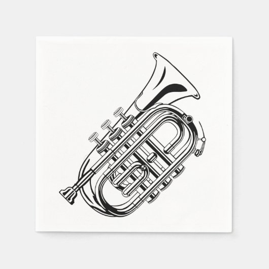 白黒トランペットスケッチミュージカル楽器 スタンダードカクテルナプキン (正面)