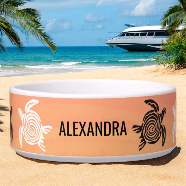 白黒トリバルアートシータートルズオレンジペット ボウル (custom pet bowl front with tribal turtle design)