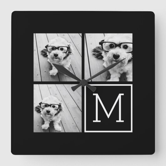 白黒トレンディーフォトコラージュとモノグラム スクエア壁時計 (正面)