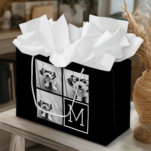 白黒トレンディーフォトコラージュとモノグラム ラージペーパーバッグ