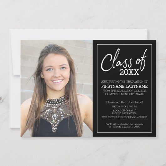 白黒トレンディー卒業写真の発表 招待状 (正面)