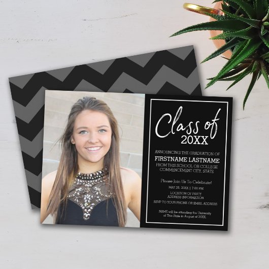 白黒トレンディー卒業写真の発表 招待状