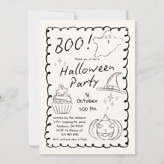白黒トレンディー手描きハローウィンパーティ 招待状 (正面)