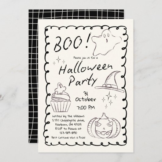 白黒トレンディー手描きハローウィンパーティ 招待状 (正面/裏面)