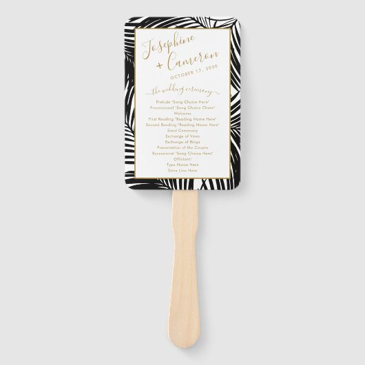 白黒トロピカルパームリーフ結婚式 プログラム ハンドファン (正面)