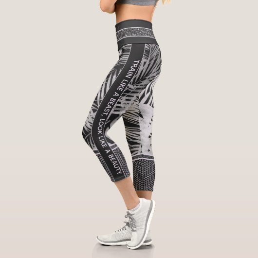 白黒トロピカル葉グリッタースタイリッシュ カプリレギンス (左)