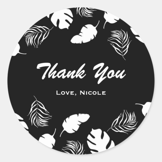 白黒トロピカル葉シックエレガントパーティー ラウンドシール (正面)