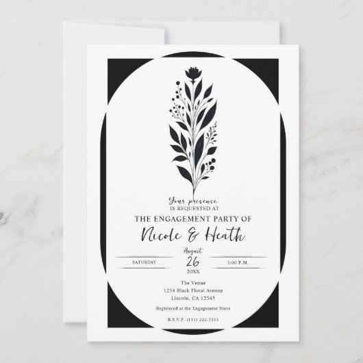 白黒トールフローラモダンヴィンテージ婚約 招待状 (正面)
