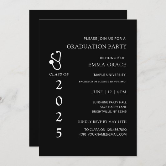 白黒ドクター看護卒業式パーティー 招待状 (正面/裏面)