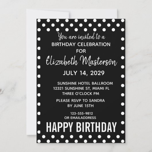 白黒ドットハッピーバースデーパターン 招待状 (正面)