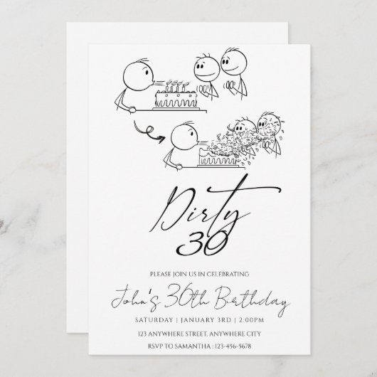 白黒ドードルアート誕生日パーティー 招待状 (正面/裏面)